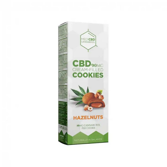 Cookies CBD chocolat fourrés à la crème de noisette contenant 10mg de CBD par biscuit de la marque Medicbd