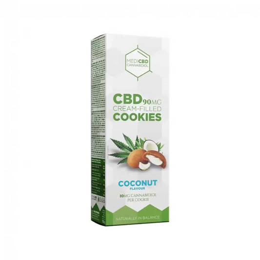 Cookies CBD chocolat fourrés à la crème de noix de coco contenant 10mg de CBD par biscuit de la marque Medicbd